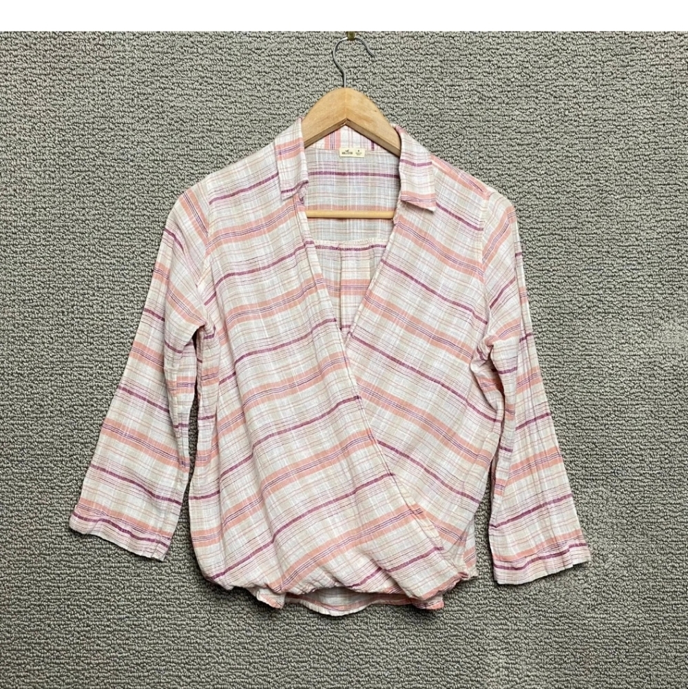Hollister plaid pink, burgundy, white sheer wrap top - size medium
